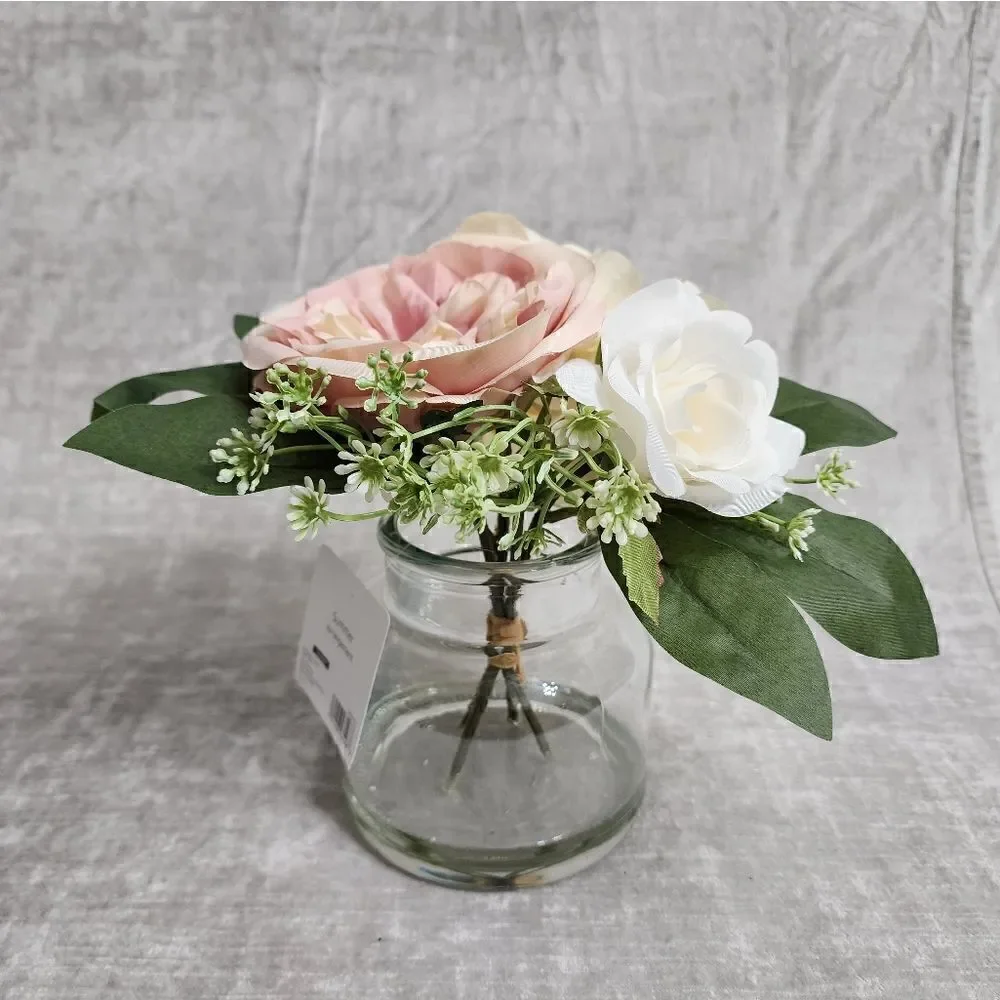 New Silk Rose Hydrangea Peony Artificial Flowers in Clear Glass Vase